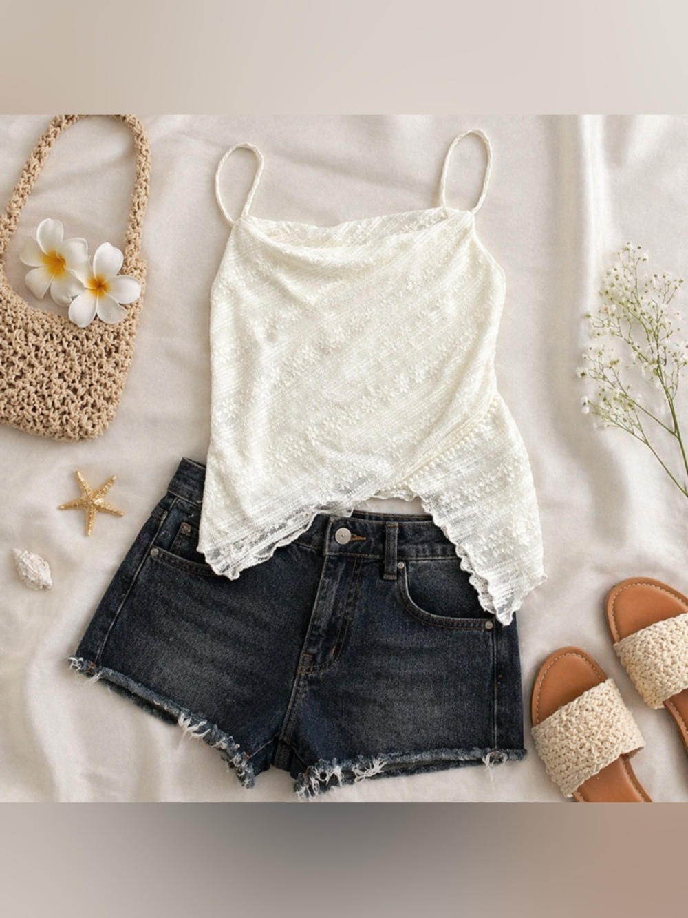 La Peche Lace Camisole XL Ivory Pearl Trim Asymmetrical Y2K Coquette Top